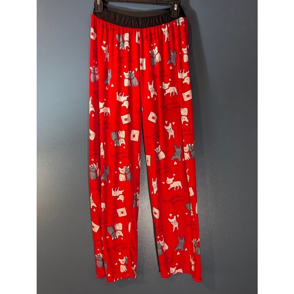 Victoria Womens Large Frenchie Kisses Red Pajama Pants French Bulldogs